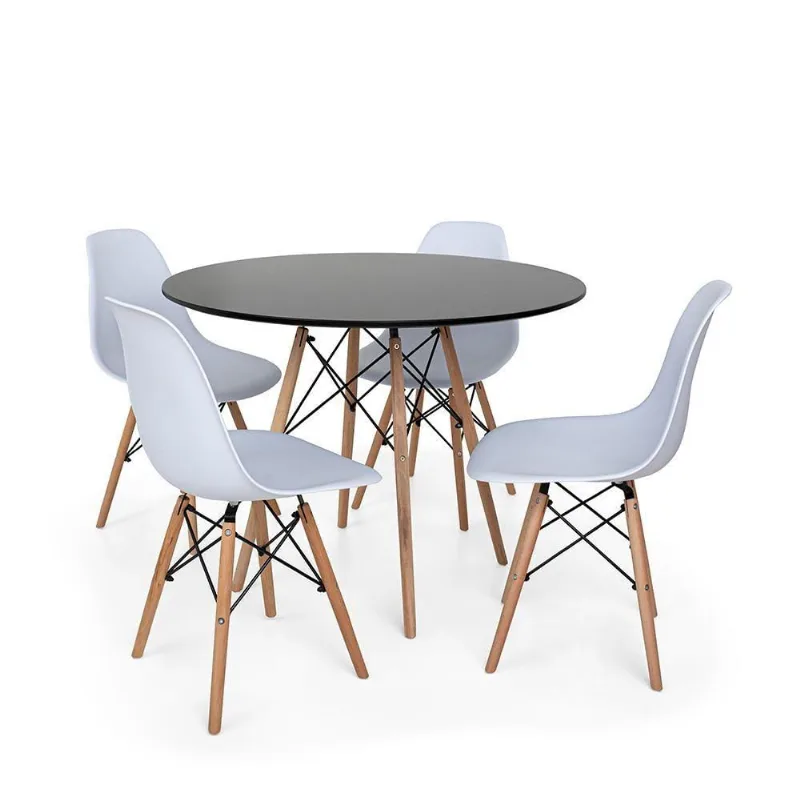 Kit Mesa Jantar Eiffel 90cm Preta + 4 Cadeira Charles Branca