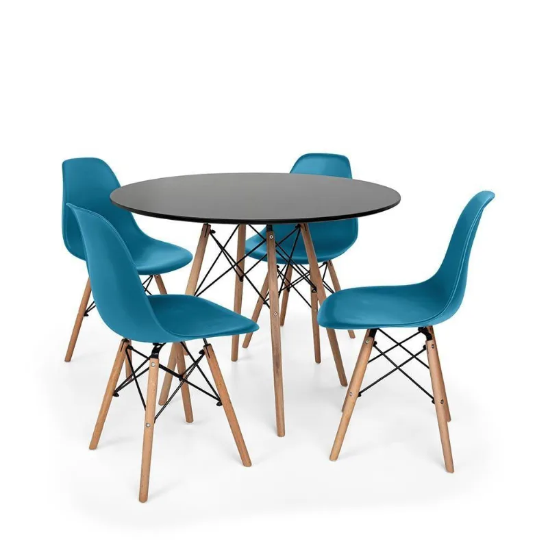 Conjunto Mesa Eiffel Preta e 4 Cadeiras Eames Turquesa