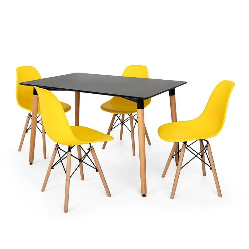 Conjunto Mesa Eiffel Preta + 4 Cadeira Charles Eames Amarela