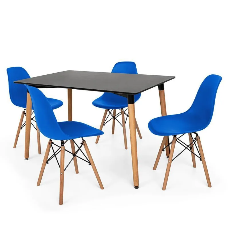 Kit Mesa Jantar Eiffel Preta + 4 Cadeiras Charles Eames Azul