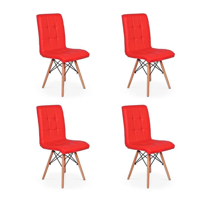 Conjunto 4 Cadeiras Eiffel Madeira Gomos Estofada Vermelha