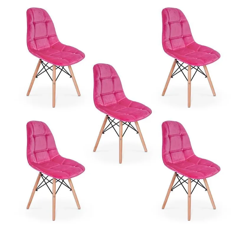 Conjunto 5 Cadeiras Estofada Veludo Base Madeira Rosa