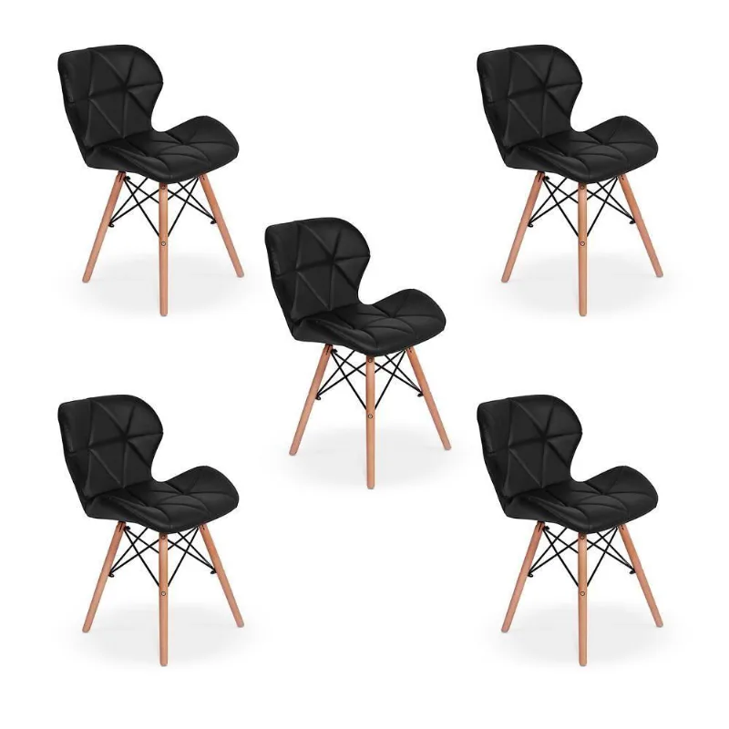 Kit 5 Cadeiras Eames Eiffel Slim Wood Estofada Preta