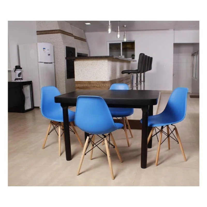 Mesa de Jantar França 110x80 Preta + 04 Cadeiras Eames Azul