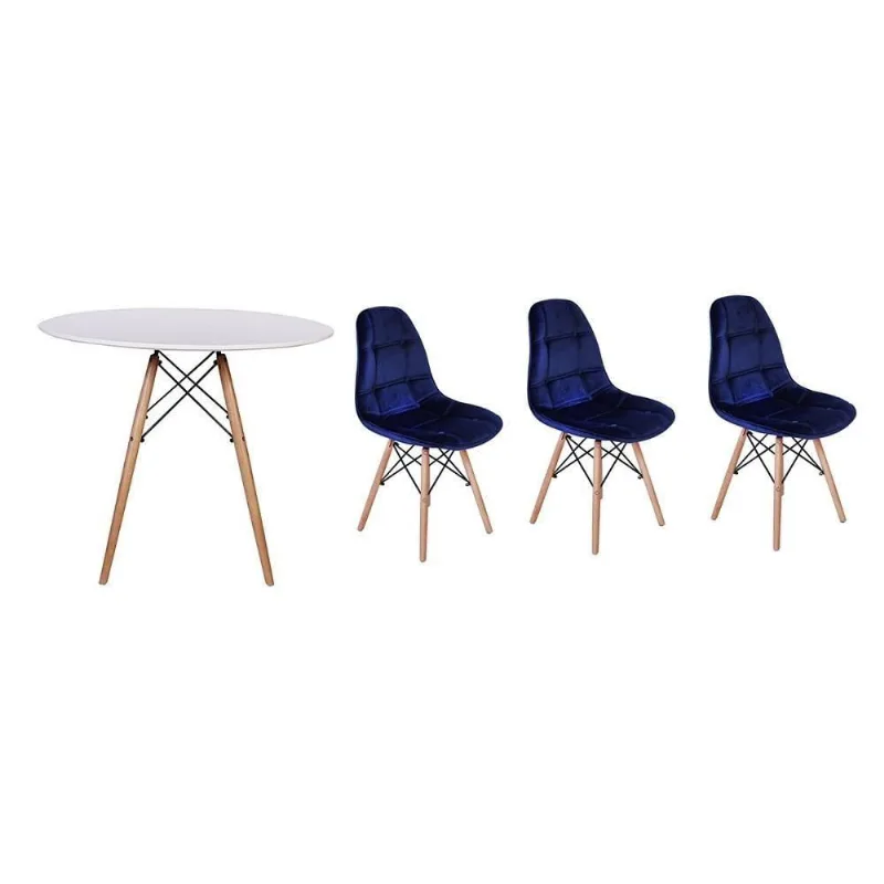 Mesa Jantar Branca + 3 Cadeiras Azul Marinho Magazine Decor