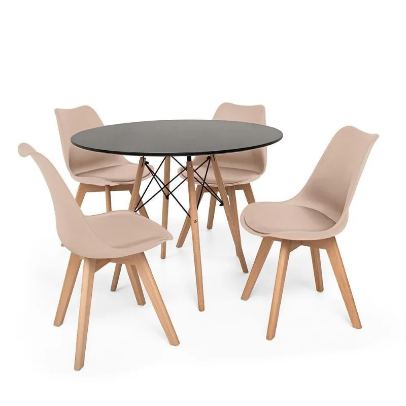 Kit Mesa Jantar Eiffel 120cm Preta + 04 Cadeiras Leda Nude