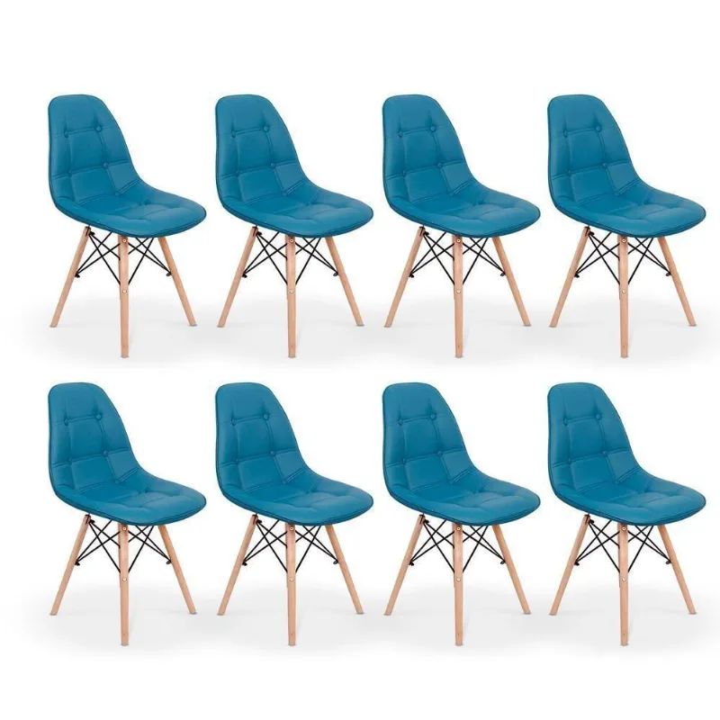 Conjunto 08 Cadeiras Charles Eames Estofada Botonê Turquesa