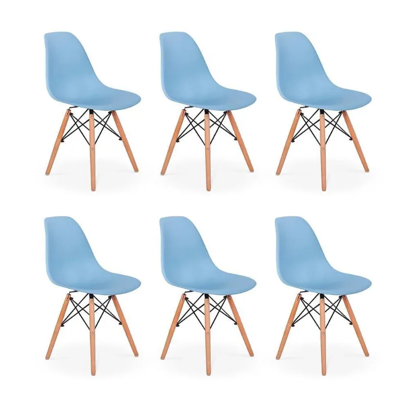 Conjunto 6 Cadeiras Charles Eames Eiffel Wood Base Azul