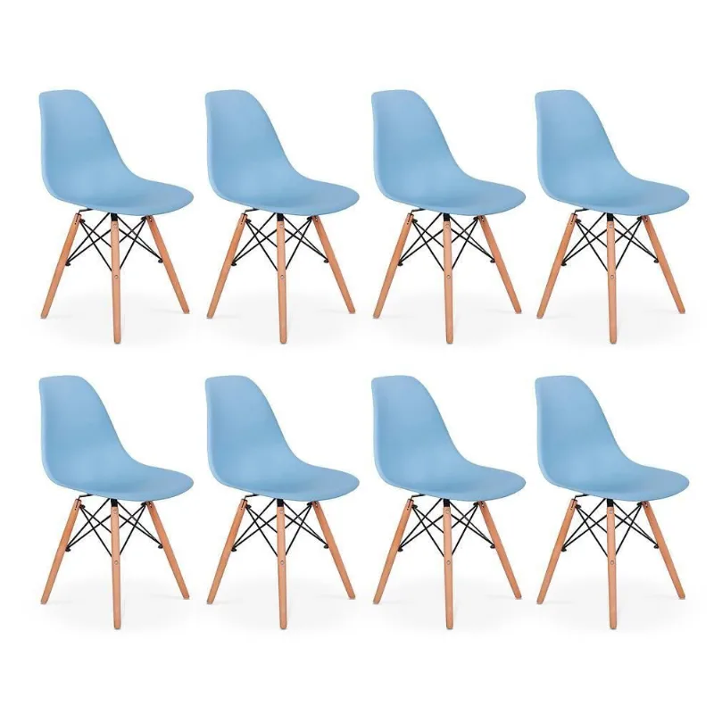 Conjunto 8 Cadeiras Charles Eames Eiffel Wood Azul Claro