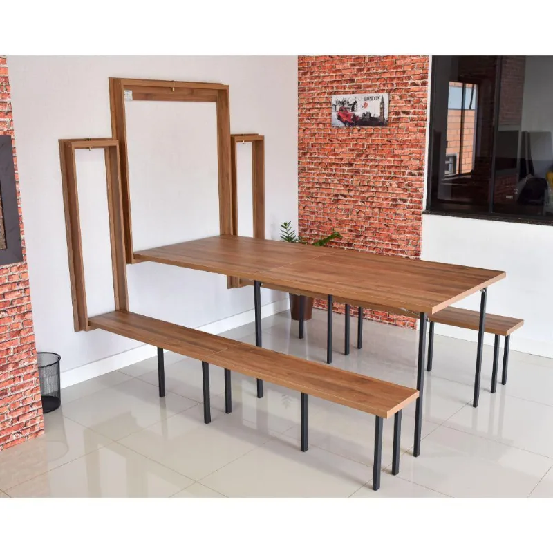 Kit Mesa Dobrável Retrátil Em Madeira 215x89 Com 02 Bancos