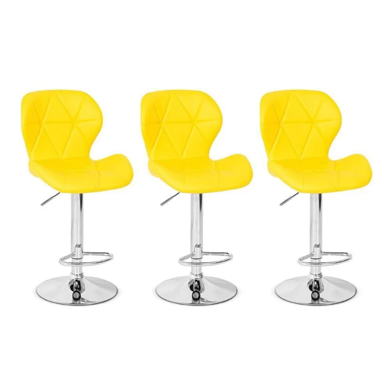 Conjunto 03 Banquetas Slim Couro Pu Regulagem Altura Amarela