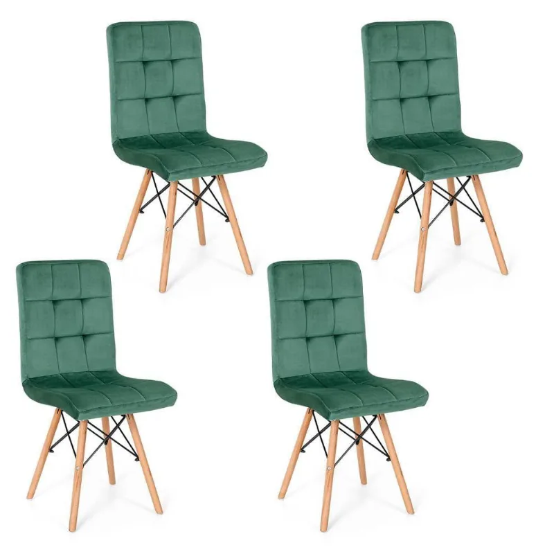 Conjunto 4 Cadeiras Eiffel Gomos Veludo Estofada Base Madeira Verde
