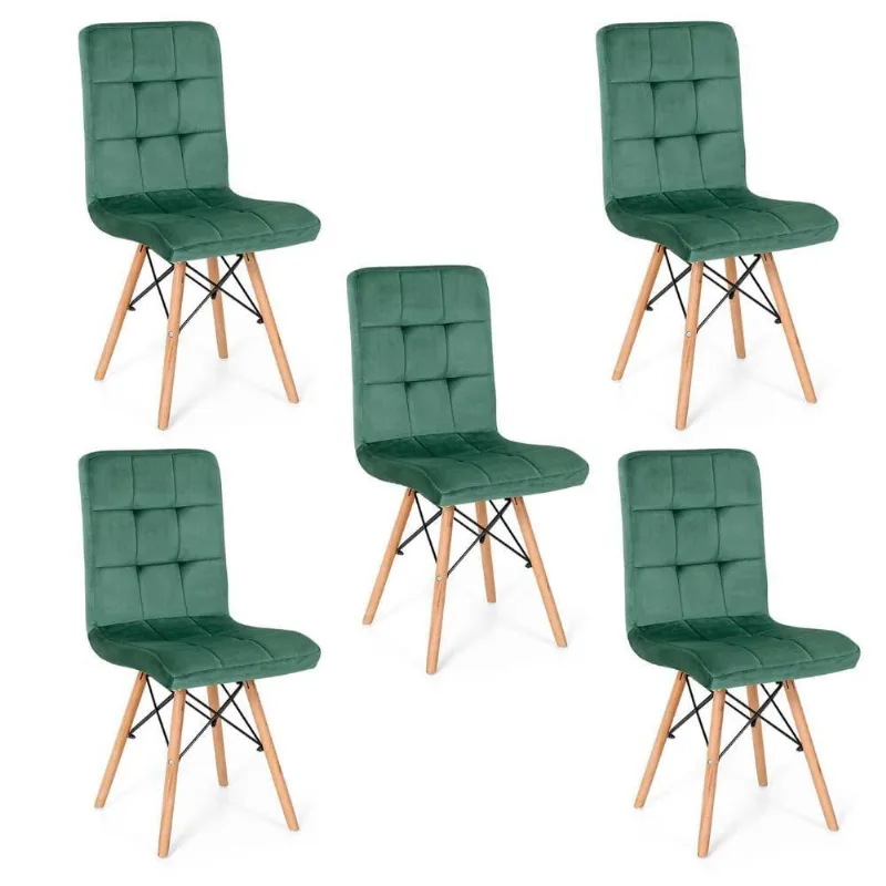 Conjunto 5 Cadeiras Eiffel Gomos Veludo Estofada Base Madeira Verde