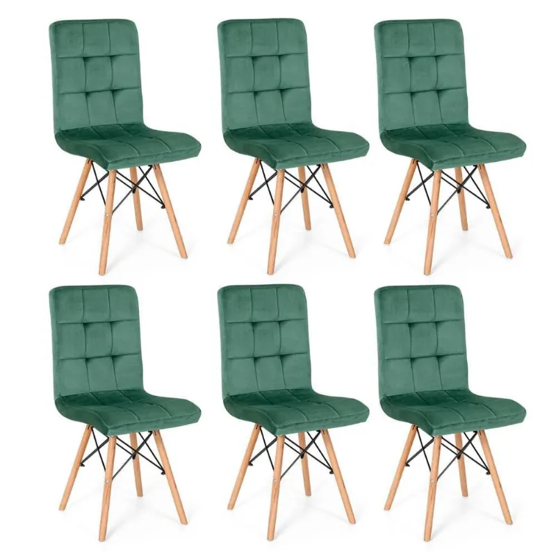 Conjunto 06 Cadeiras Eiffel Gomos Veludo Estofada Base Madeira Verde