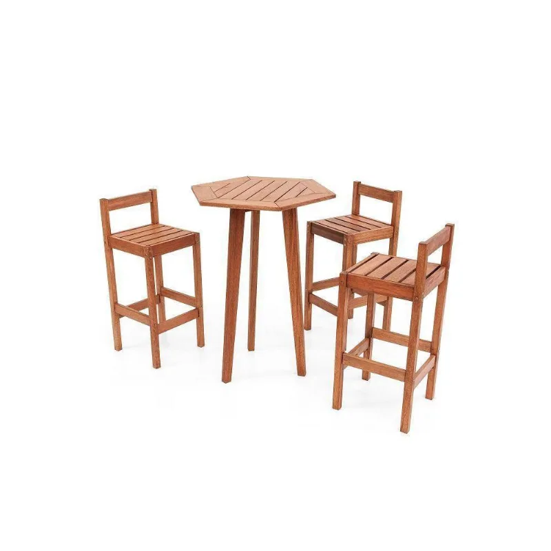 Conjunto Mesa Bar Sextavada 3 Banquetas Madeira em Maciça