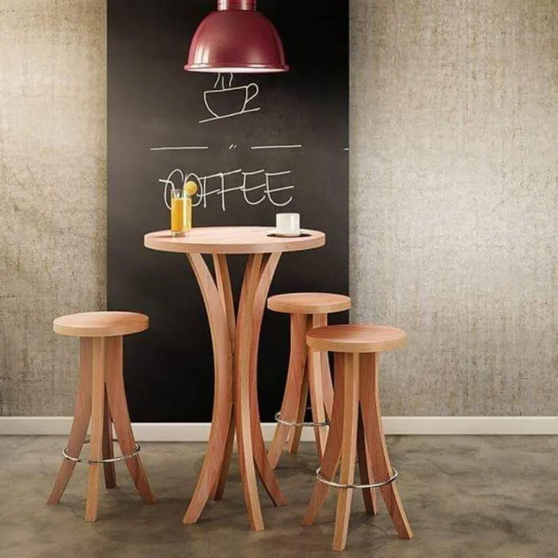 Conjunto Mesa Bar Tampo de Madeira com 3 Banquetas Natural