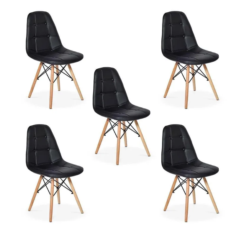 Conjunto 5 Cadeiras Dkr Charles Eames Wood Botonê Preta