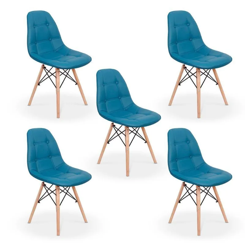 Conjunto 5 Cadeiras Charles Eames Estofada Botonê Turquesa