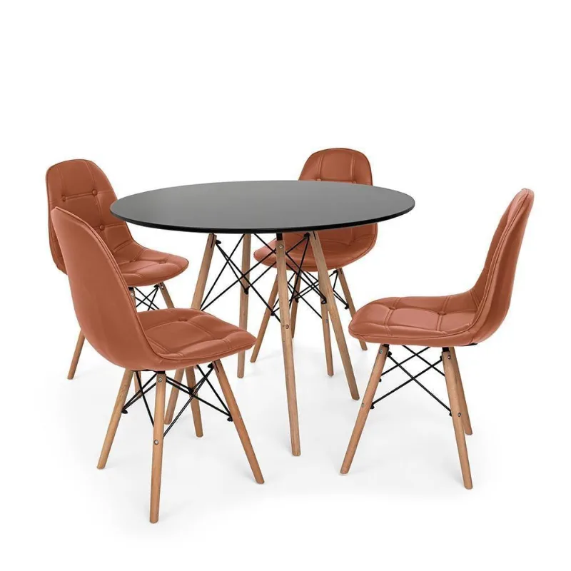 Conjunto Mesa Eiffel Preta 4 Cadeira Dkr Eames Botonê Marrom