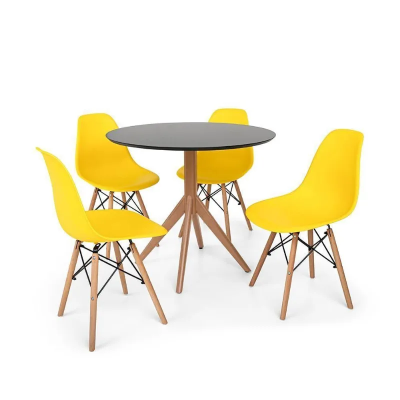 Kit Mesa de Jantar Maitê 80cm Preta e 4 Cadeiras Charles Eames Amarela