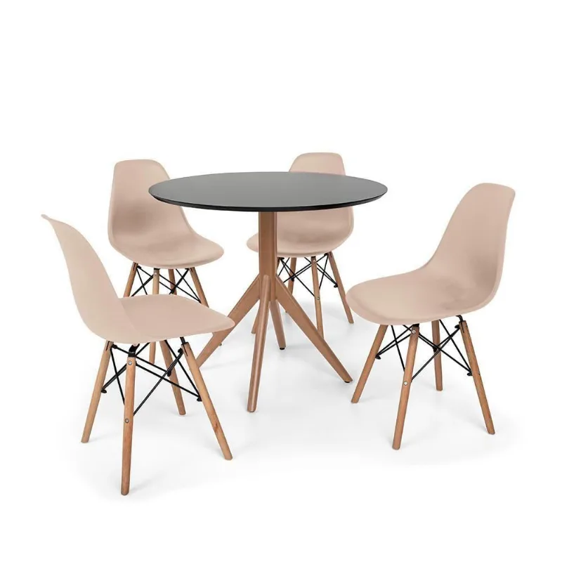 Kit Mesa de Jantar Maitê 80cm Preta e 4 Cadeiras Nude