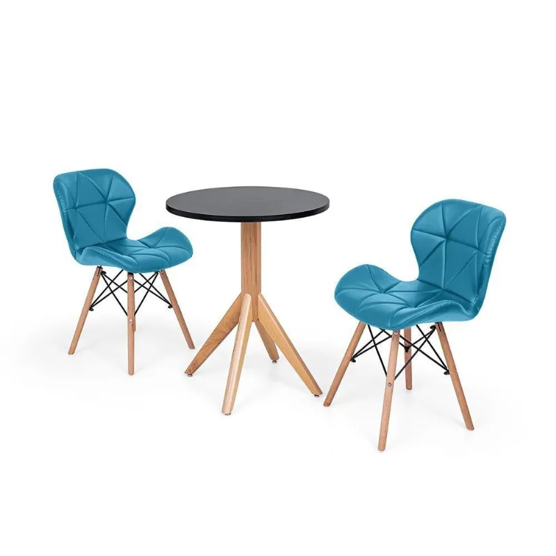 Conjunto Mesa de Jantar Maitê 60cm Preta com 2 Cadeiras Eames Eiffel Slim Turquesa