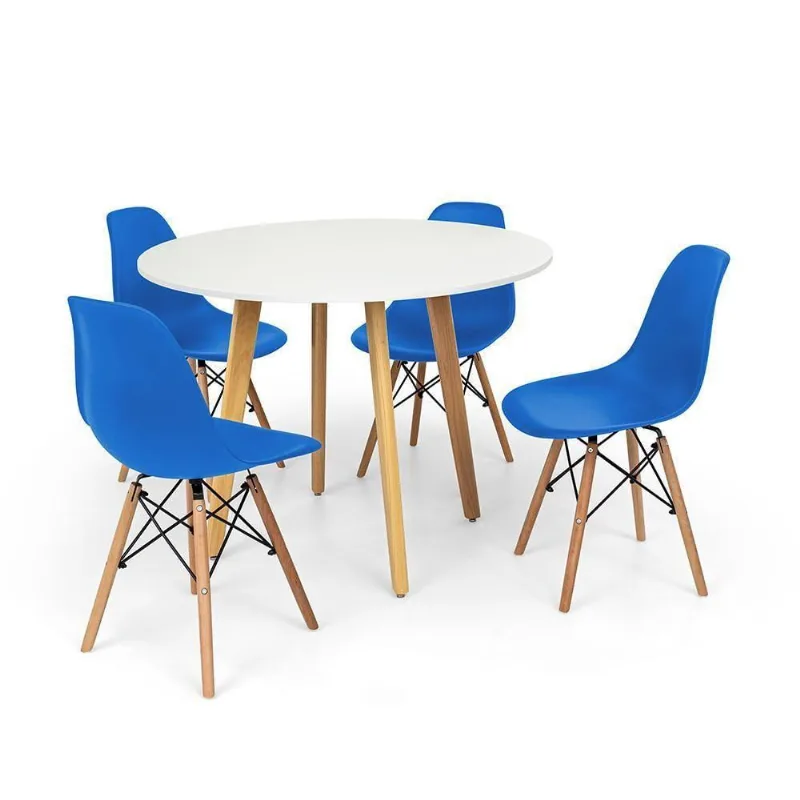 Mesa de Jantar Laura 105cm Branca com 4 Cadeiras Eames Azul