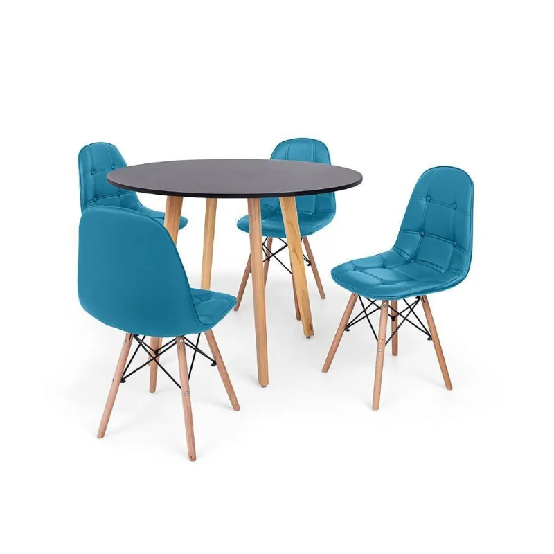 Mesa Laura 105cm Preta + 4 Cadeiras Charles Eames Turquesa