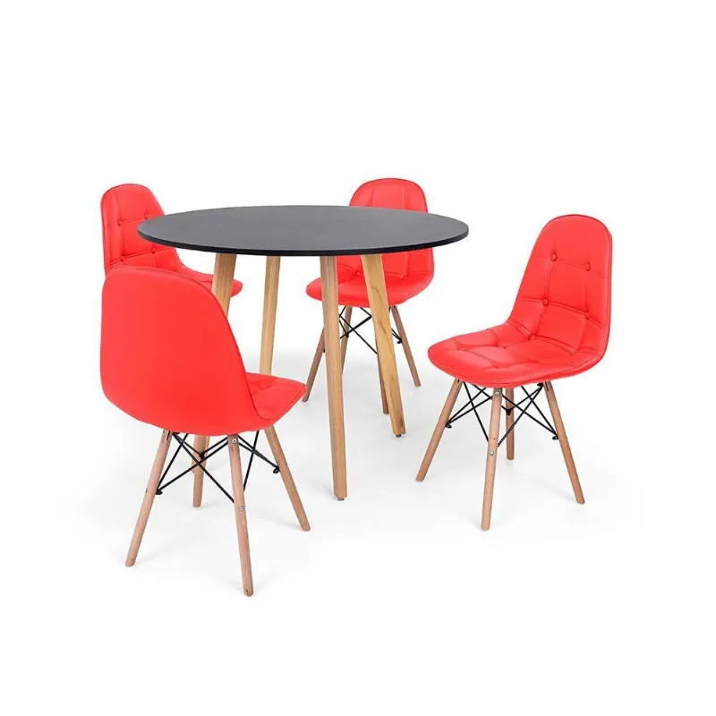 Mesa 100cm Laura Preta + 4 Cadeiras Charles Eames Vermelha