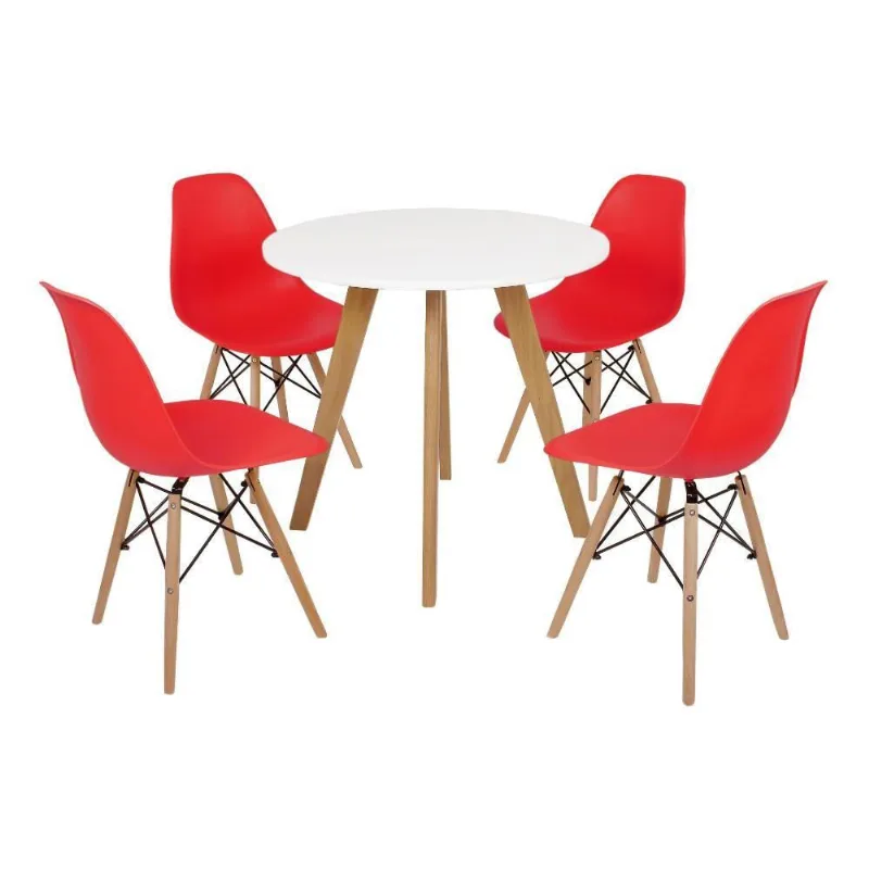 Mesa Laura 80cm Branca e 4 Cadeiras Eames Eiffel Vermelha