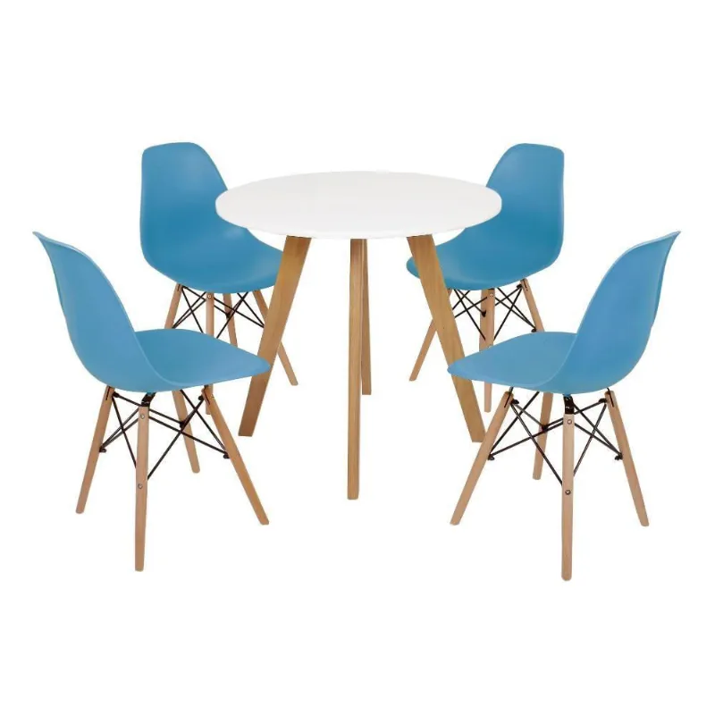 Mesa Laura 80cm Branca e 4 Cadeiras Eames Eiffel Turquesa