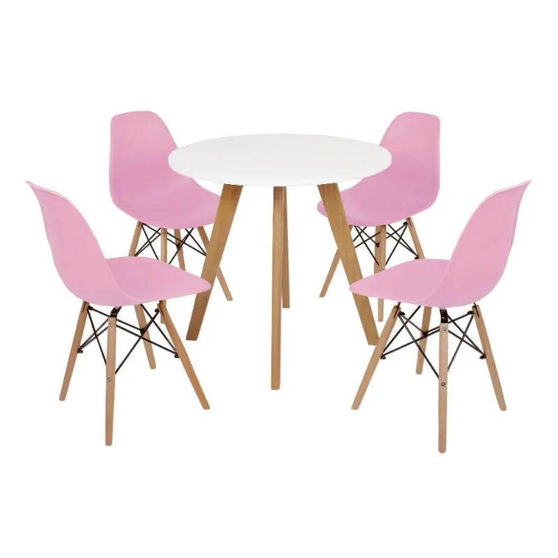 Mesa Laura 80cm Branca e 4 Cadeiras Eames Eiffel Rosa