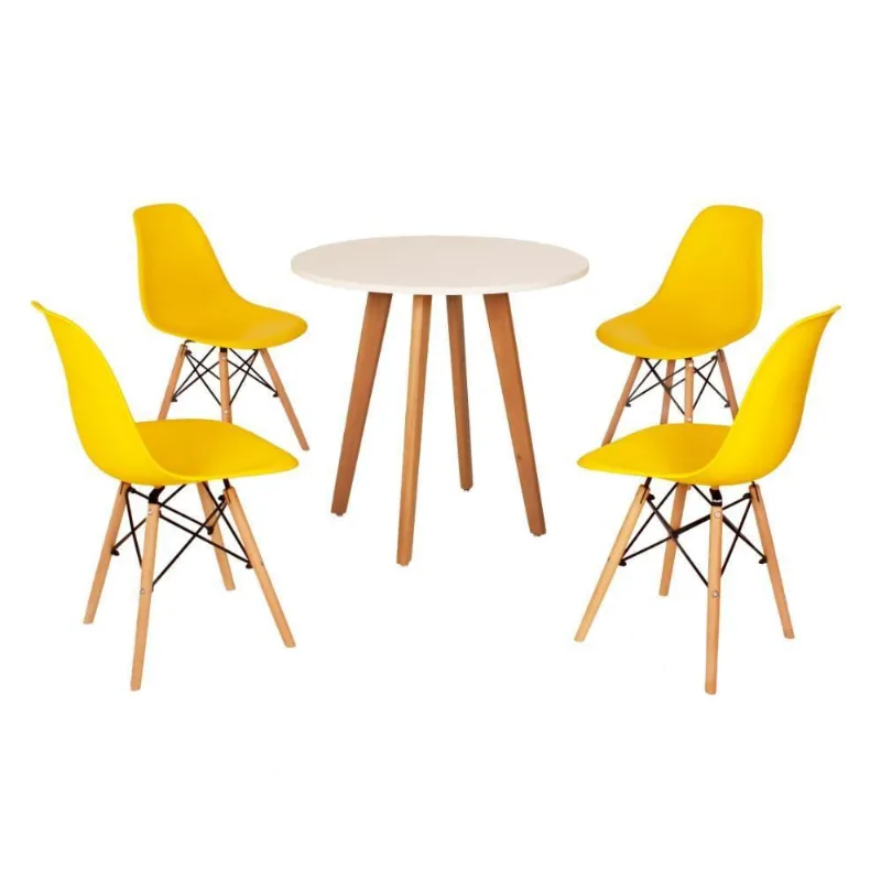 Mesa Laura 80cm Branca + 4 Cadeiras Eames Eiffel Amarela
