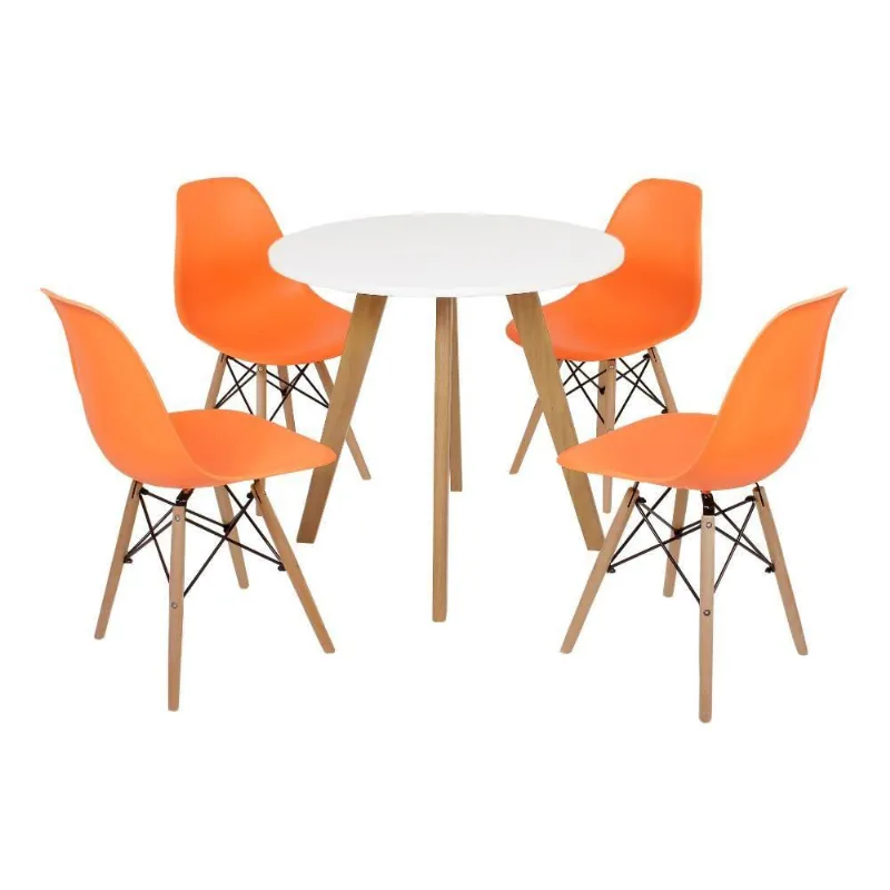 Mesa Laura 80cm Branca e 4 Cadeiras Eames Eiffel Laranja