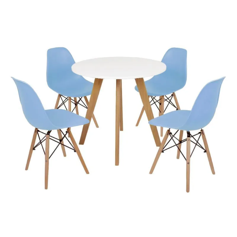 Mesa Laura 80cm Branca e 4 Cadeiras Eames Eiffel Azul Claro