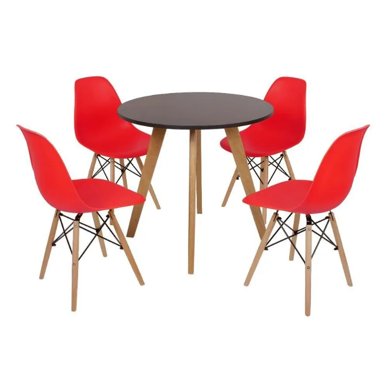 Mesa Laura 80cm Preta e 4 Cadeiras Eames Eiffel Vermelha