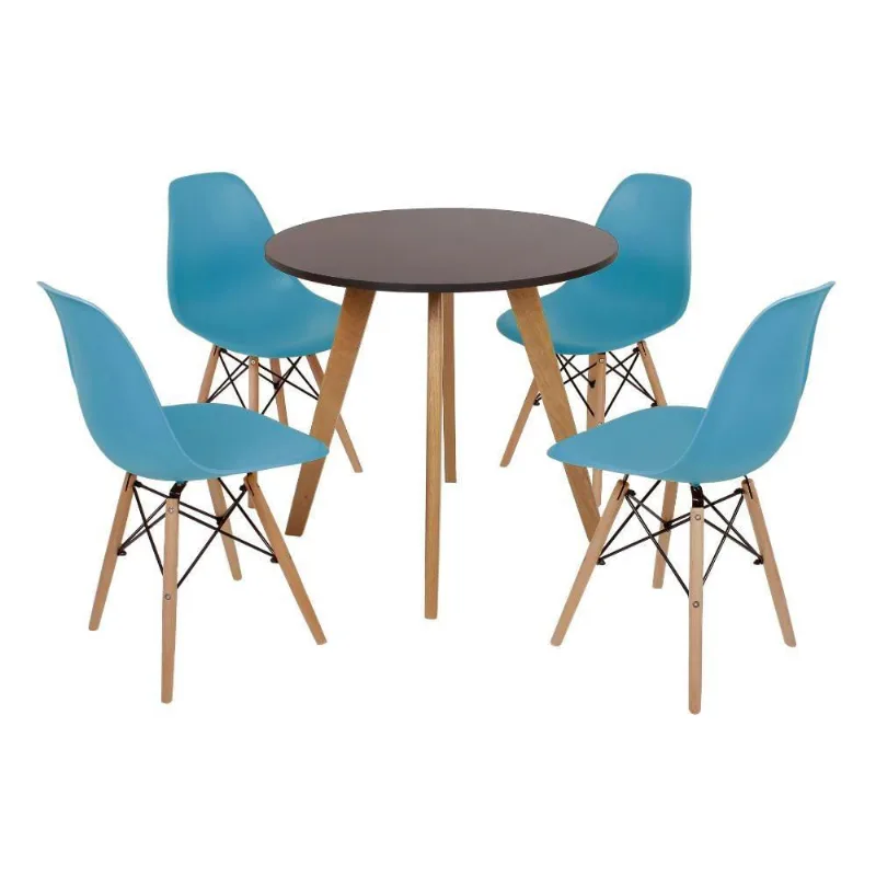 Mesa Laura 80cm Preta e 4 Cadeiras Eames Eiffel Turquesa