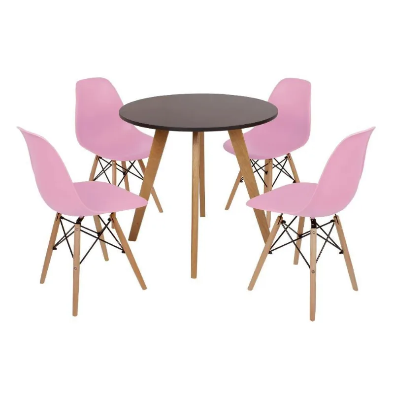 Mesa Laura 80cm Preta e 4 Cadeiras Eames Eiffel Rosa