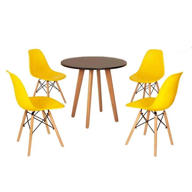 Mesa Laura 80cm Preta + 4 Cadeiras Eames Eiffel Amarela