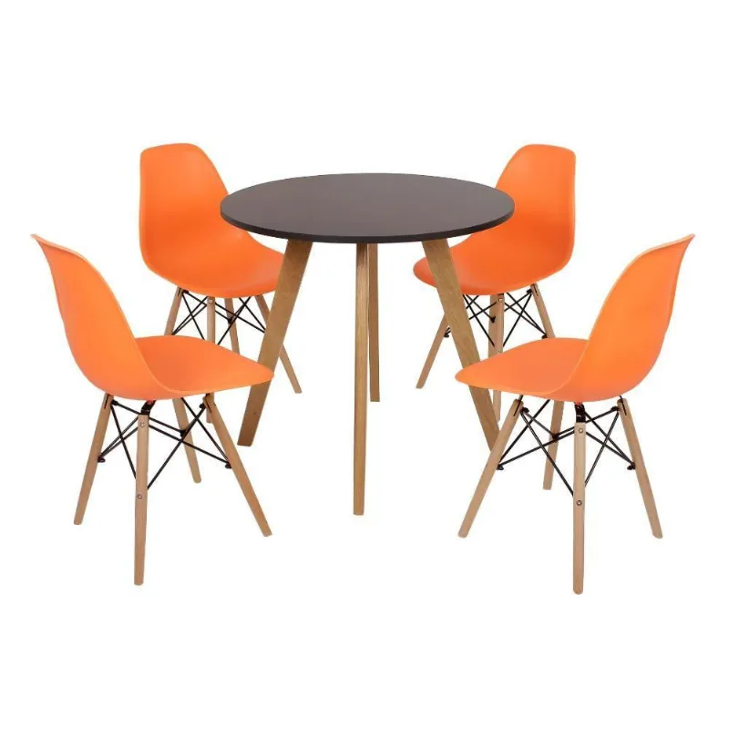 Mesa Laura 80cm Preta e 4 Cadeiras Eames Eiffel Laranja