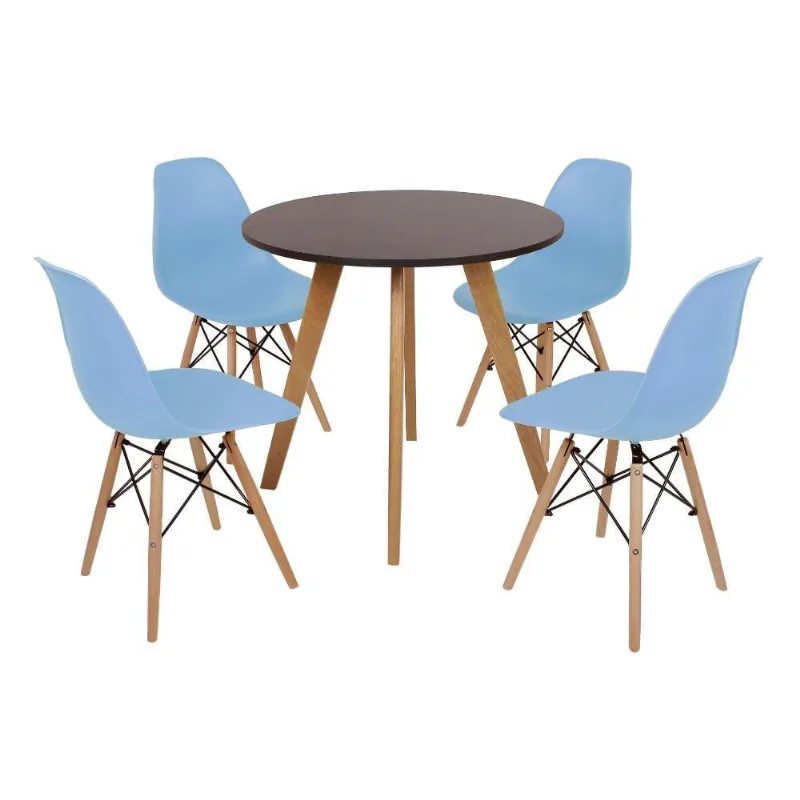 Mesa Laura 80cm Preta e 4 Cadeiras Eames Eiffel Azul Claro