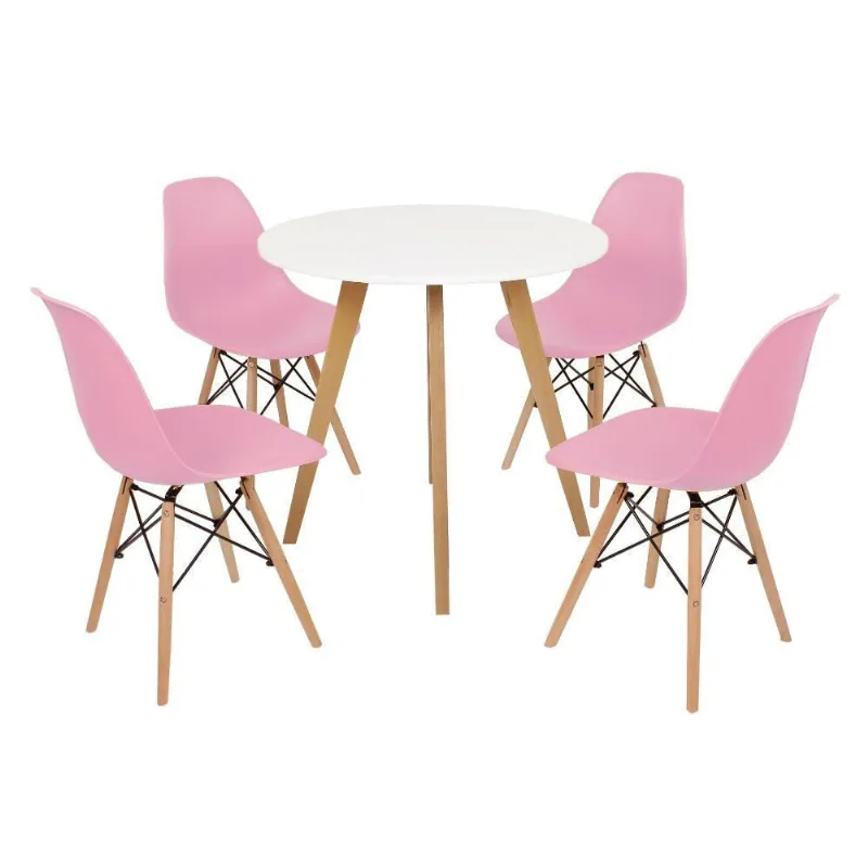 Mesa Inês 80cm Branca 4 Cadeiras Eames Eiffel Rosa