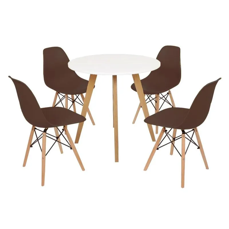 Mesa Inês 80cm Branca + 4 Cadeiras Eames Eiffel - Marrom