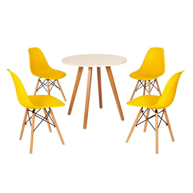Mesa Inês 80cm Branca + 4 Cadeiras Eames Eiffel Amarela