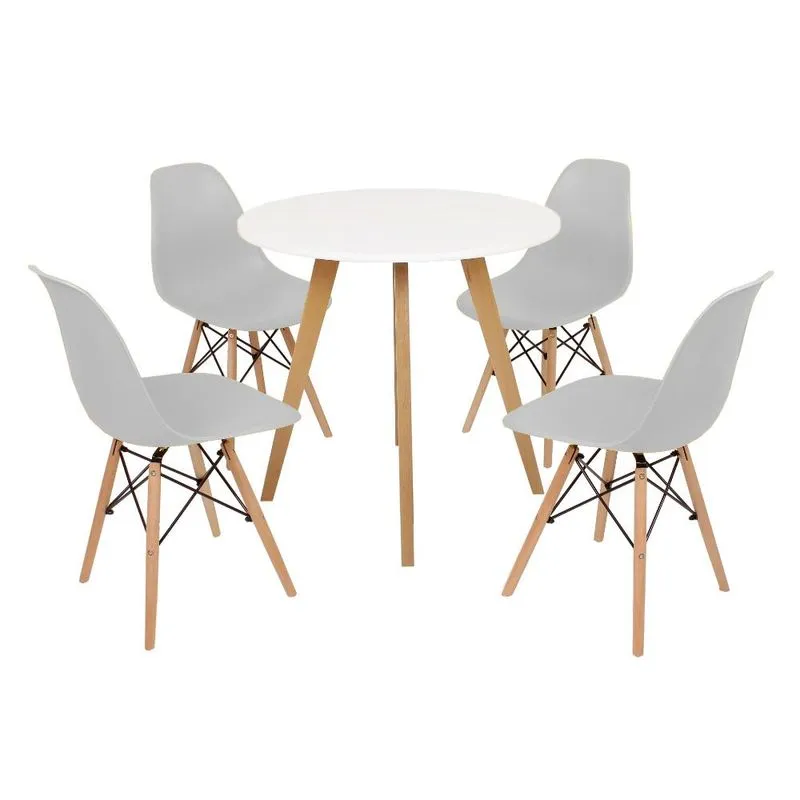 Mesa Inês 80cm Branca + 4 Cadeiras Eames Eiffel - Cinza