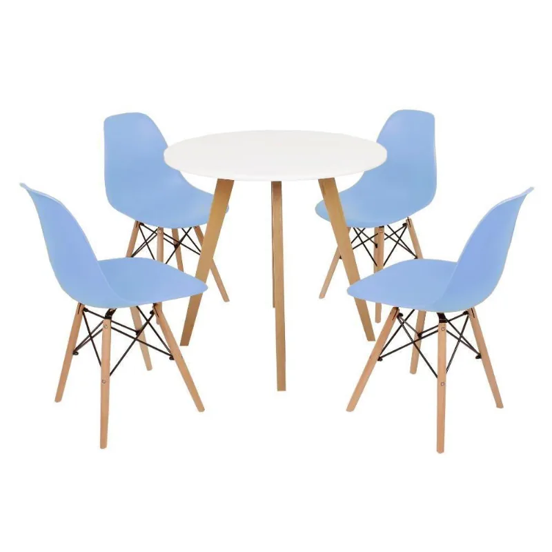 Mesa Inês 80cm Branca 4 Cadeiras Eames Eiffel Azul Claro