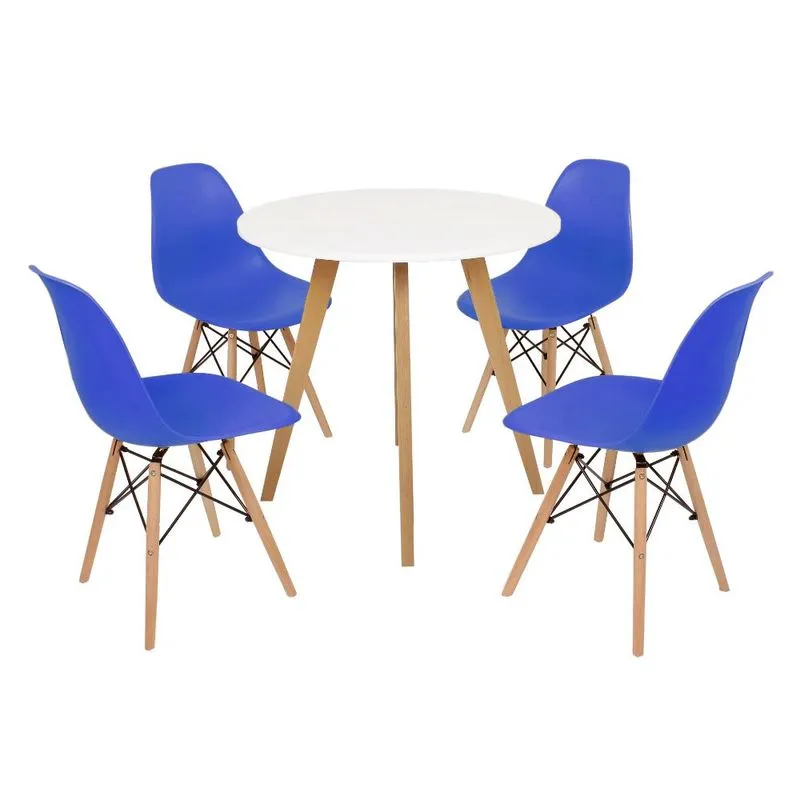 Mesa Inês 80cm Branca + 4 Cadeiras Eames Eiffel - Azul