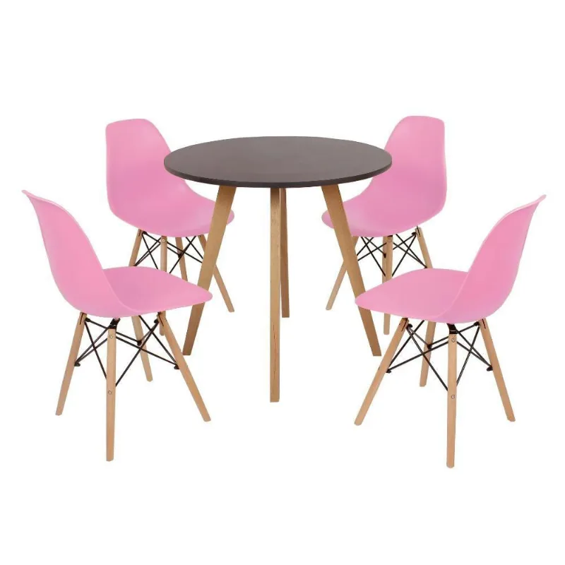 Mesa Inês 80cm Preta 4 Cadeiras Eames Eiffel Rosa