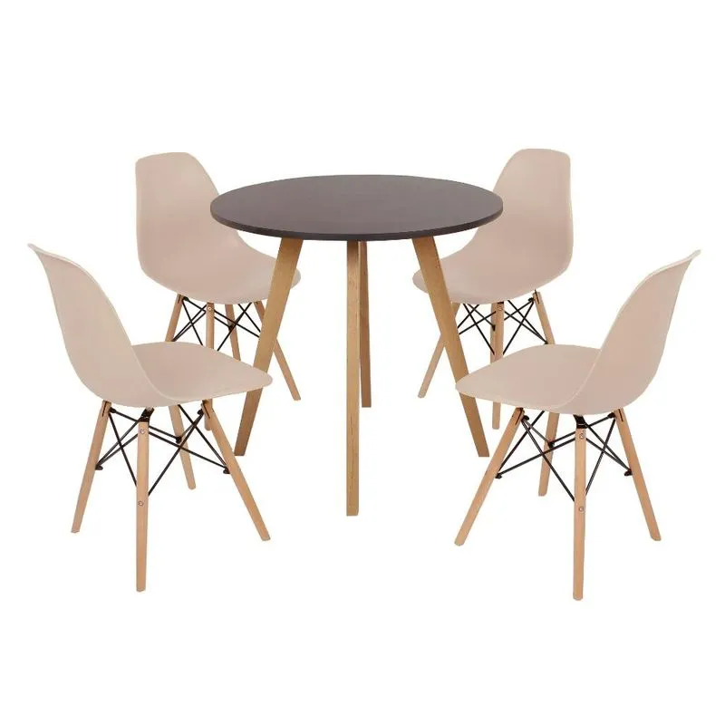 Mesa Inês 80cm Preta + 4 Cadeiras Eames Eiffel - Nude