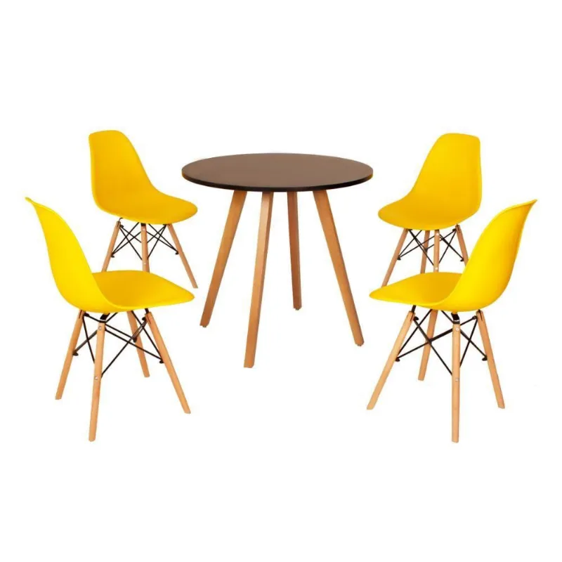Mesa Inês 80cm Preta + 4 Cadeiras Eames Eiffel Amarela
